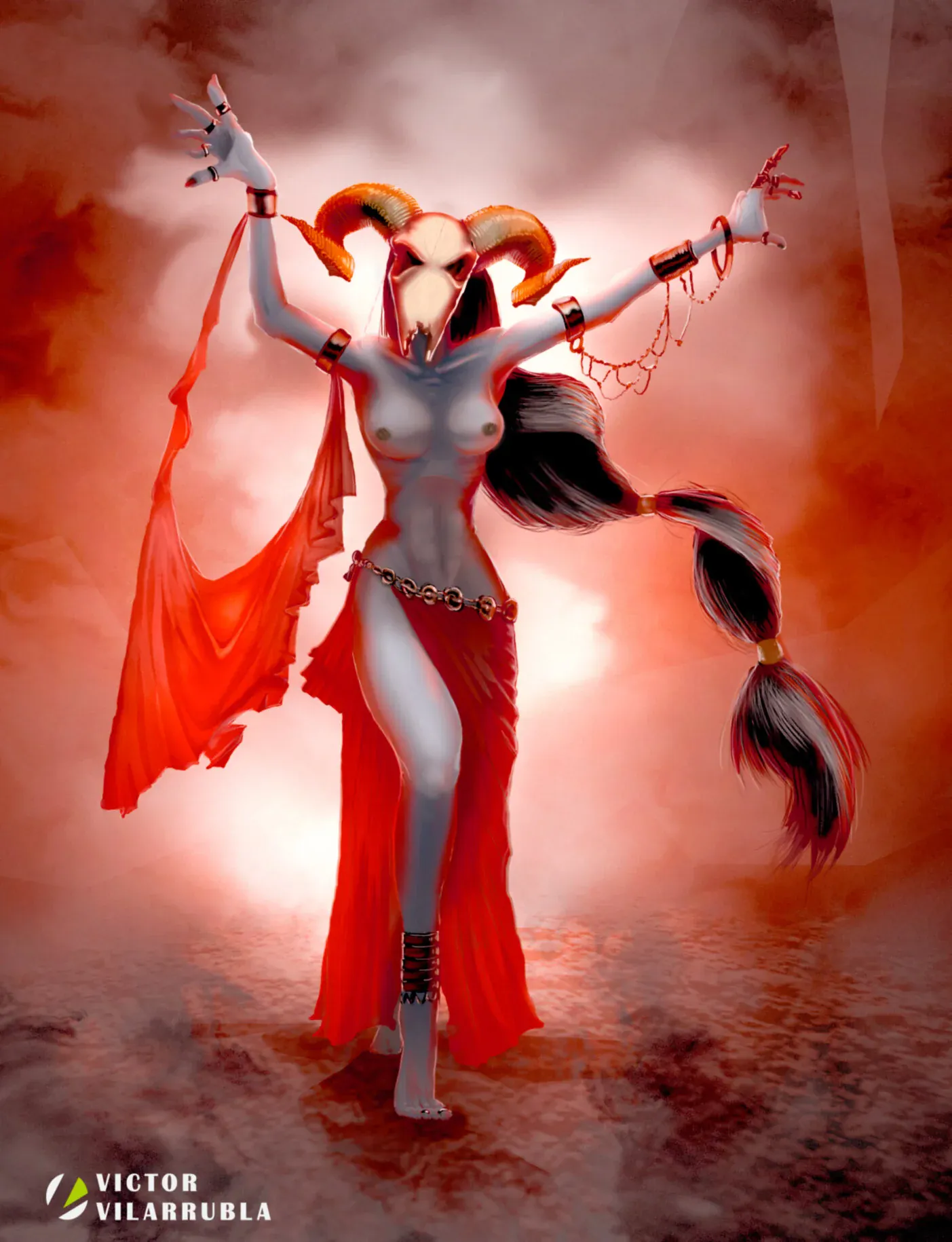 Madam from Hell: detail of the horned skull mask and raised arms.