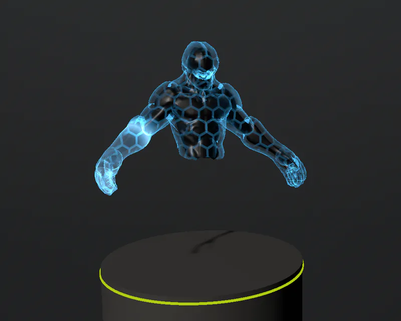 Sculpted torso inside a hexagonal energy shield.