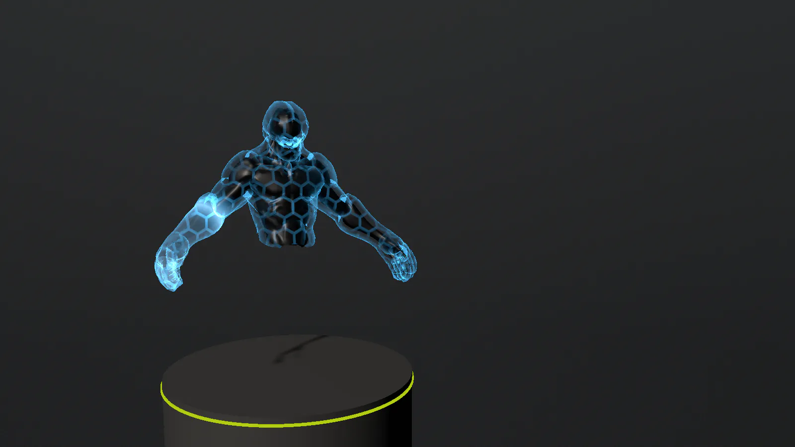 Energy shield effect on a sculpted torso above a dark display stand.