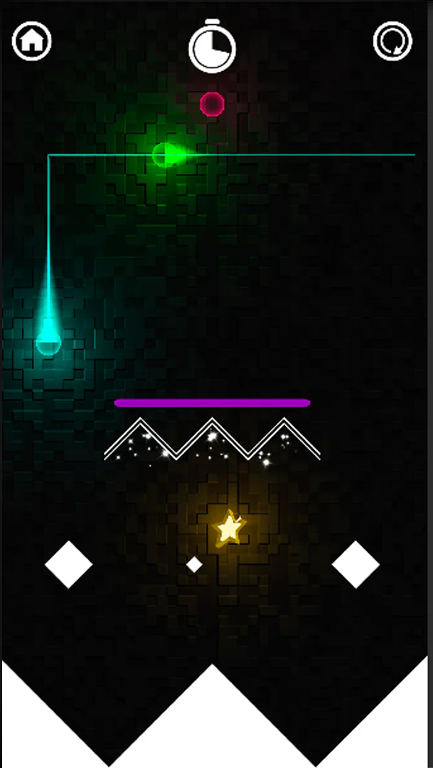 Tritap gameplay showing glowing trails above a purple platform, white diamond obstacles and a yellow star.