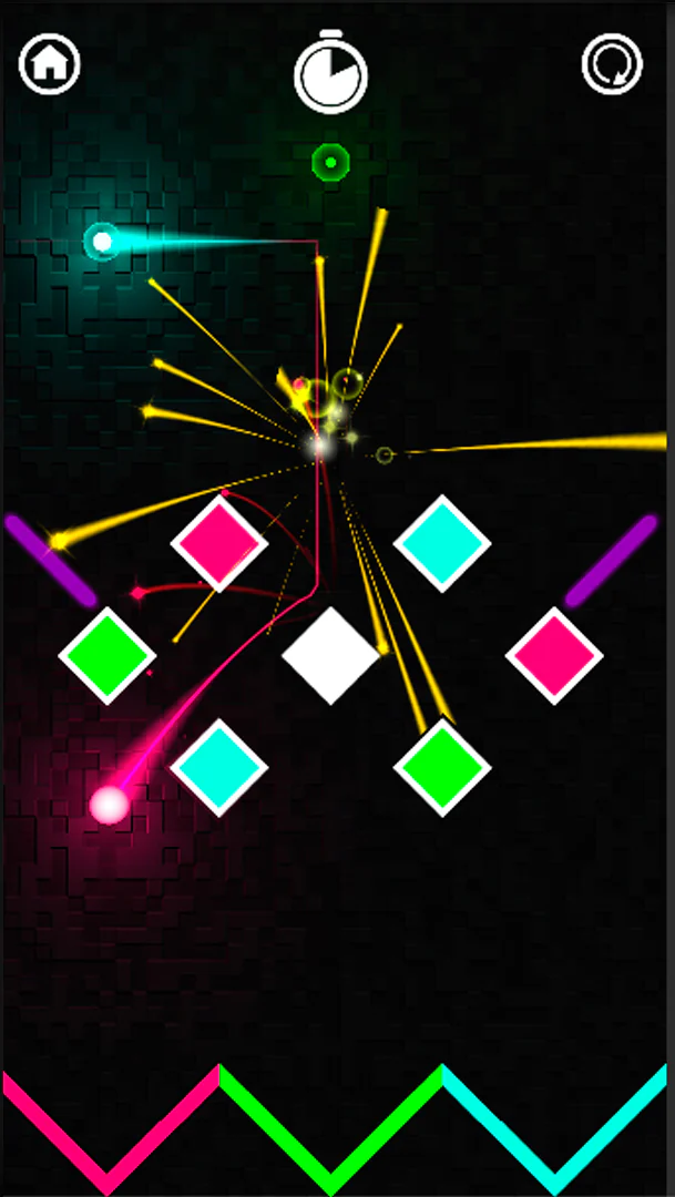 Tritap gameplay with coloured diamond obstacles and a burst of yellow particles among neon trails.