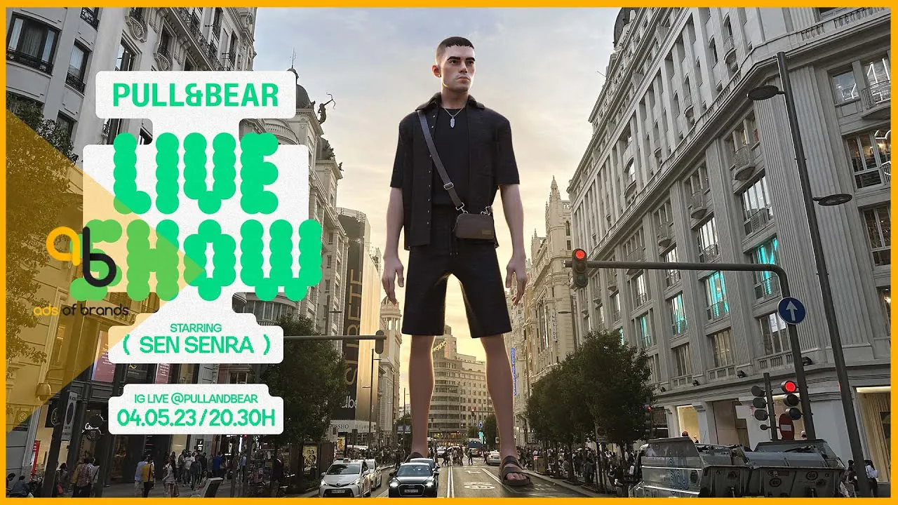 Pull and Bear Live Show promotional image showing Sen Senra as a giant figure on Gran Vía.