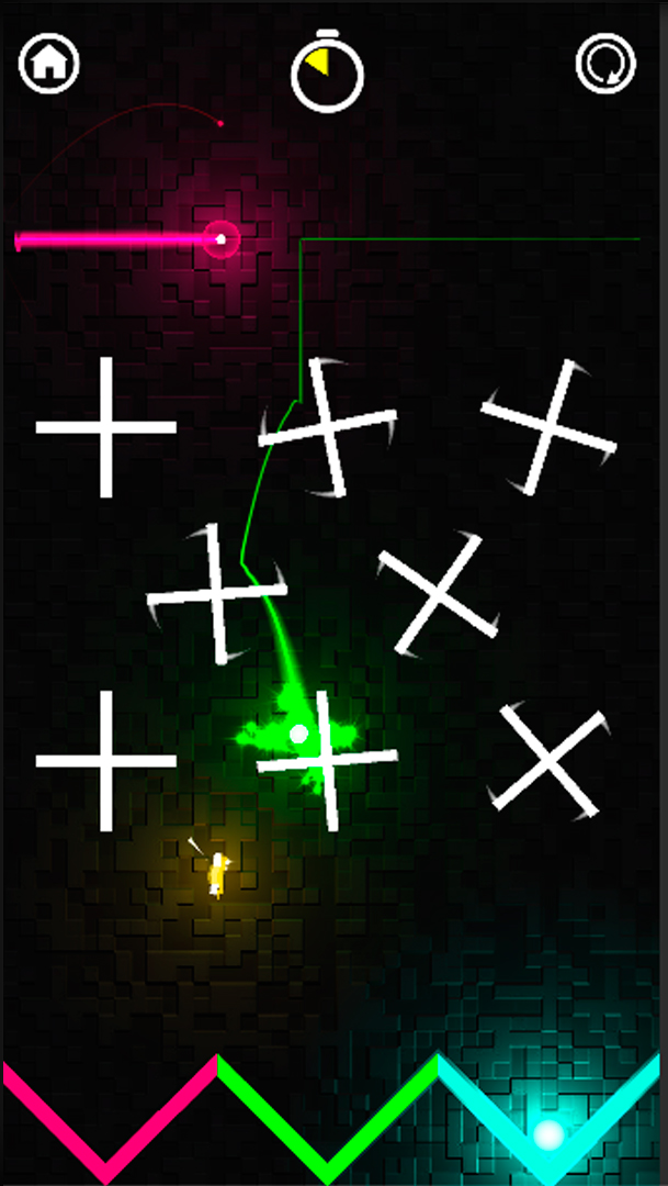 Tritap gameplay with coloured light trails crossing white rotating cross-shaped obstacles.