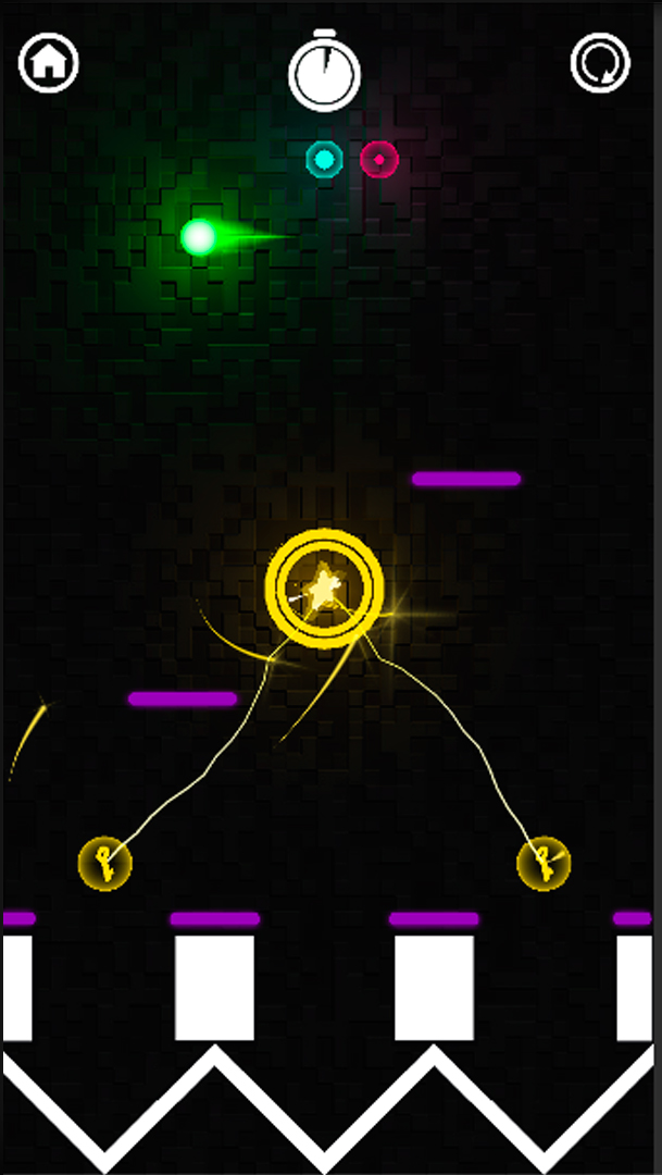 Tritap gameplay showing a glowing yellow star, purple platforms and white geometric obstacles.