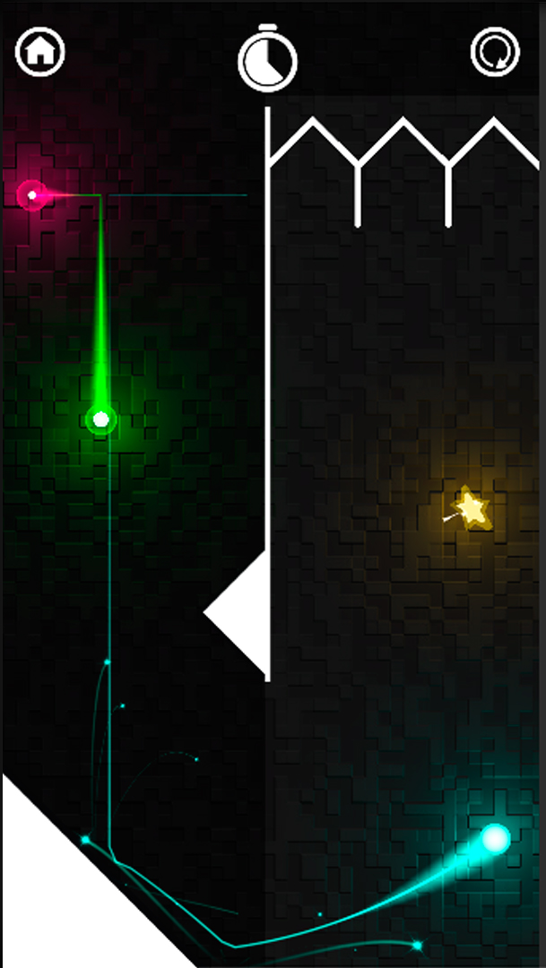 Tritap gameplay with cyan, green and pink trails beside a tall white divider and a yellow star.